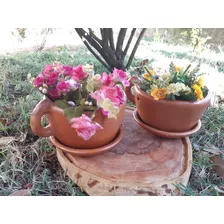 2 Lindos Vasos De Barro Xícara Para Flores Plantas Com Prato