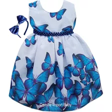 Vestido Infantil Borboletas Azul Festa Floral Luxo E Tiara