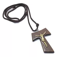 Colar Tau Franciscano Com Cristo Madeira