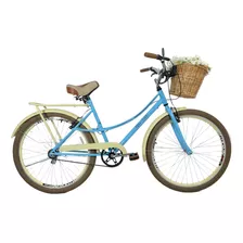 Bicicleta Retrô Vintage Aro 26 Cesta Feminina Azul / Bege