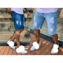Kit 2 Bermudas Jeans Masculina Rasgada Sem Lycra Premium Top