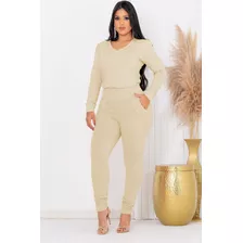 Conjunto Feminino Calça E Blusa Decote V Manga Longa 