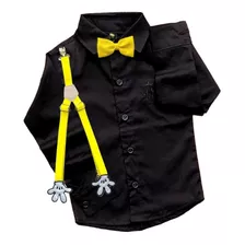 Roupa Infantil Camisa Social Preta Com Suspensório Temático