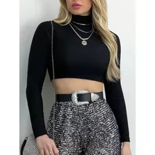 Cropped Feminino Gola Alta Canelado Manga Longa