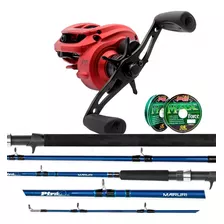 Kit Carretilha Redx Bg Vara 2,40m Pesca 25 Kg + Linha Maruri