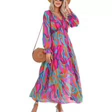 Maxi Vestido Dama Bohemio Playa Largo Manga Estampado Flores