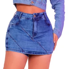 Shorts-saia Jeans Feminino Cintura Alta Desfiado Lycra Botão