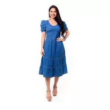 Vestido Jeans Midi Manga Bufante Moda Evangélica S4057