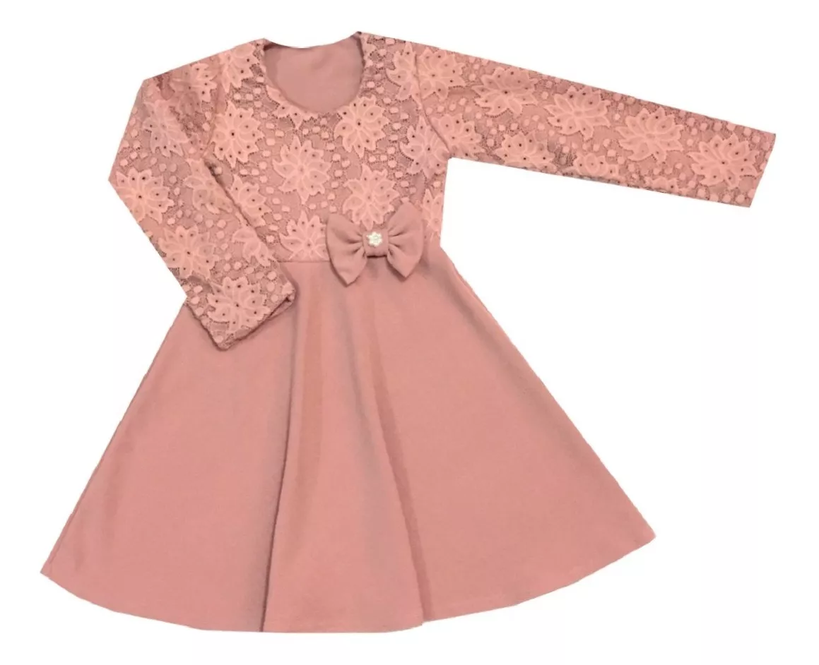 Vestido Infantil De Renda Rosa Manga Longa Rodado Com Laço