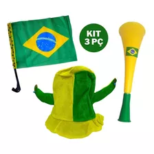 Kit Corneta Vuvuzela Chapéu Cartola E Bandeira Do Brasil 3pç