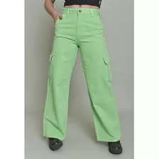 Calça Cargo Jeans Dialogo Wide Leg Color Verde Feminina