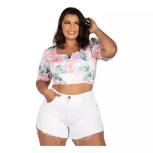 Short Jeans Branco Plus Size Barra Desfiada Cintura Alta