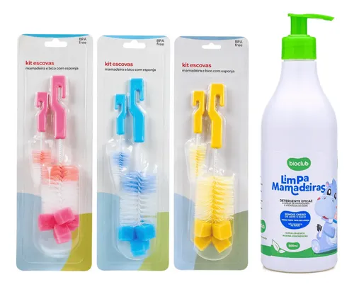 Kit Escova Mamadeira E Bico + Detergente 500ml Lava Louça Amarelo