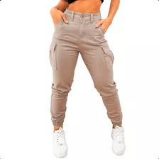 Calça Jeans Cargo Jogger Feminina Com Cintura Alta Com Lycra