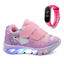 Tenis De Led Infantil Estampa Unicornio Meninas + Relogio