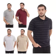 Kit 5 Peças Camiseta Masculina Polo Listrada Básica C/ Bolso