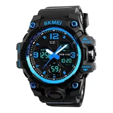 Reloj De Pulsera Skmei 1155 De Cuerpo Color Negro, Analógico-digital, Para Hombre, Fondo Negro, Con Correa De Poliuretano Color Negro, Agujas Color Blanco Y Azul, Dial Azul, Subesferas Color Negro, Mi