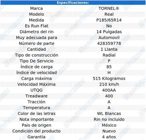 Llanta Para Peugeot 206 Xs;feline 2006 185/65r14 85 H Tornel Foto 3