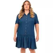 Vestido Jeans Cambos Plus Size, Manga Curta, Até 58