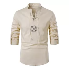 . Camisa De Algodón Masculina Color Sólido Top Estilo Étnico