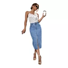 Saia Midi Jeans Fenda Frontal Cintura Alta Moda Evangélica