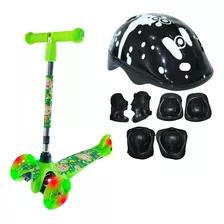 Patinete Infantil Ajustavel Verde Com Led E Kit Capacete