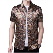 Camisa Manga Corta Ocre Azul Satinada Verano Hombre