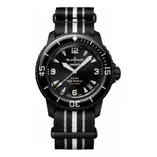 Reloj Swatch Blancpain Scuba Fifty Fathoms, Correa Negra Ocean Storms, Bisel Negro, Fondo Negro