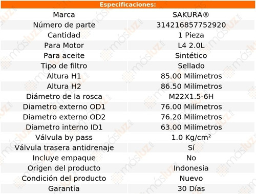 1) Filtro Aceite Jeep Compass 2.0l 4 Cil 07/17 Sakura Foto 3