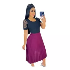 Conjunto Saia Evangélica Plissada E Blusa Tulê Moda Feminina