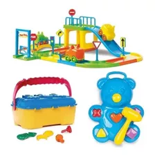 Brinquedos Educativo Kit Pista Carrinhos+maleta+ursinho