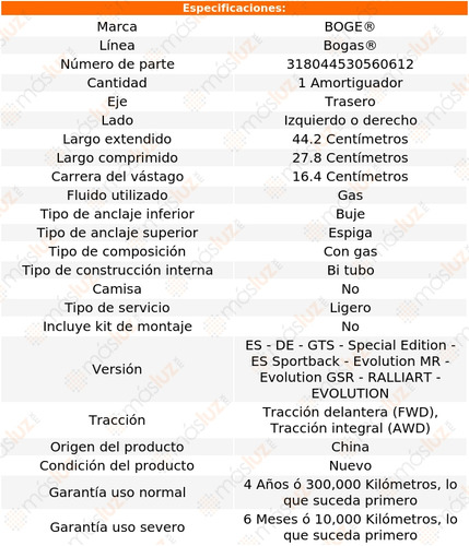 (1) Amortiguador Gas Izq/der Tras Lancer L4 2.0l 08/16 Boge Foto 2