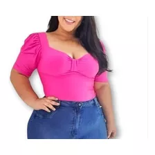 Blusa Cropped Plus Size Manga Bufante Bojo Detalhe No Decote