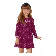 Vestido Infantil Manga Longa Marsala Poás Brancos E Bordado