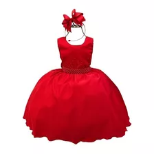 Vestido Vermelho Infantil Liso Com Strass Natal Princesa