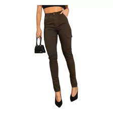 Calça Skinny Feminina Jeans Cargo Bolsos Lycra Estica