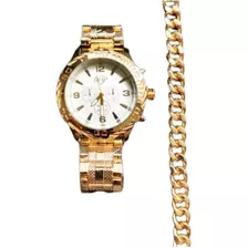 Relógio Dhp Masculino Com Caixa E Pulseira Dourada/branco