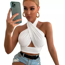 Top Halter Shein Corto Cruzado Color Blanco Talla S Nezmun