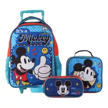 Mochila Escolar Mickey Mouse Con Ruedas Loncheraestuche Color Azul