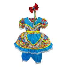 Vestido Infantil São João Bebê 2-10 Anos Azul Festa Menina