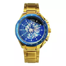 Relógio Masculino Dourado Luxo Inox Automatico Esqueleto 432