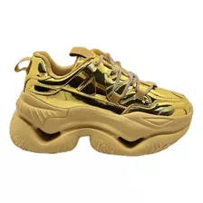 Tenis De Plataforma Chunky Con Agujeta De Brillos Dorado Oro