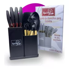 Conjunto Com 19 Utensílios Cozinha Silicone Concha Cor Cinza Cor Preto