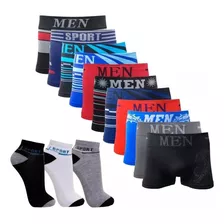 Kit 10 Cuecas Boxer Adulto + 12 Pares Meias