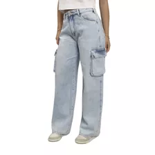 Calça Cargo Feminina Wide Leg Jeans Clara Cintura Média 