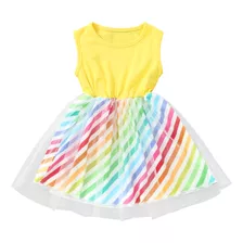 Vestido De Tule Listrado Sem Mangas Para Meninas, Princesa D