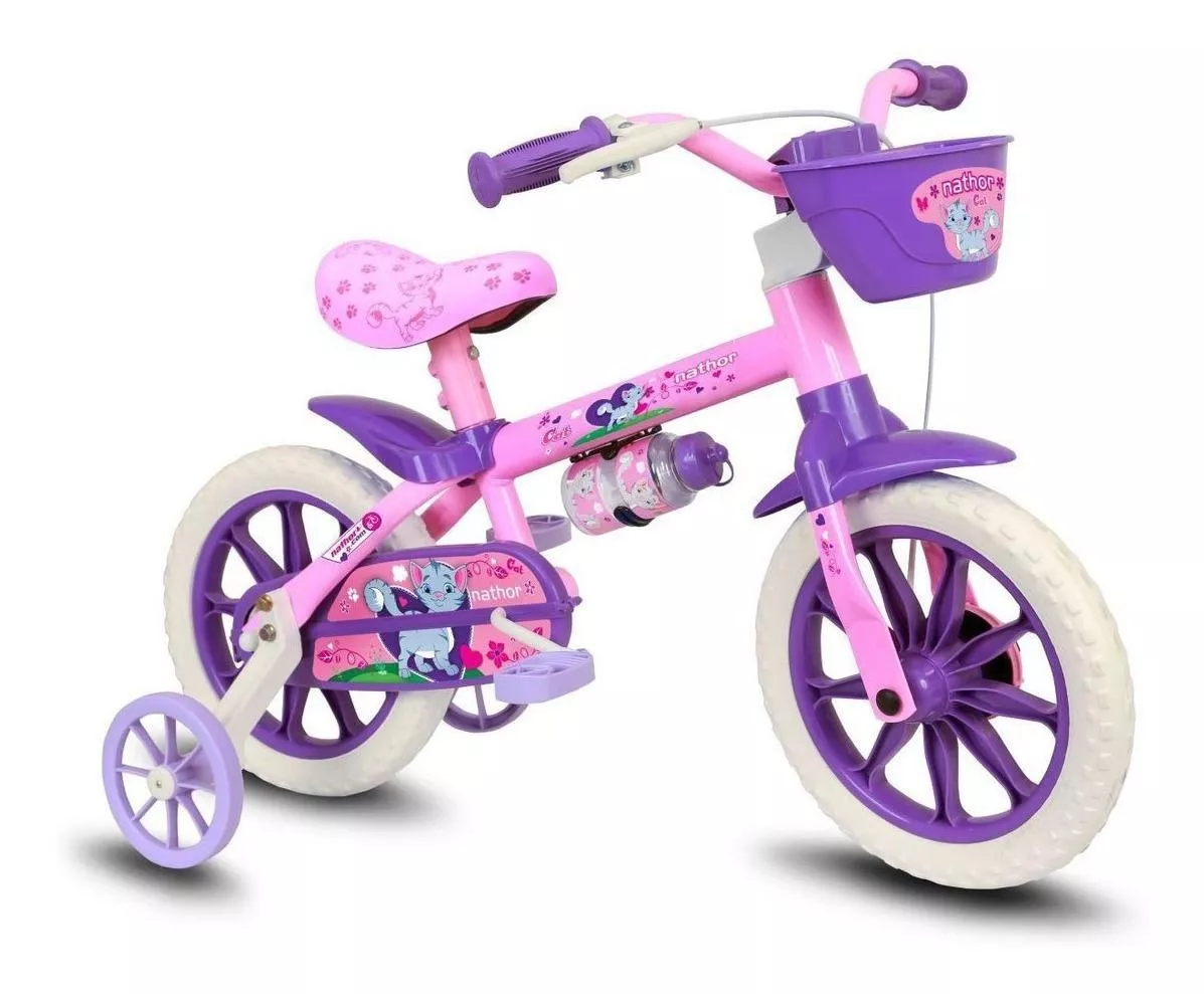 Bicicleta Infantil Nathor Aro 12 Cat Aro 12 Freio Tambor Cor Rosa/violeta Com Rodas De Treinamento