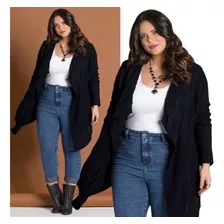 Cardigan Casaco Assimétrico Plus Size Tricot Preto