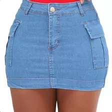 Saia Cargo Jeans Feminina Cintura Alta Bolsos Laterais Mini