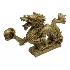 Dragão Chinês Dourado Com Base Decorativo Resina